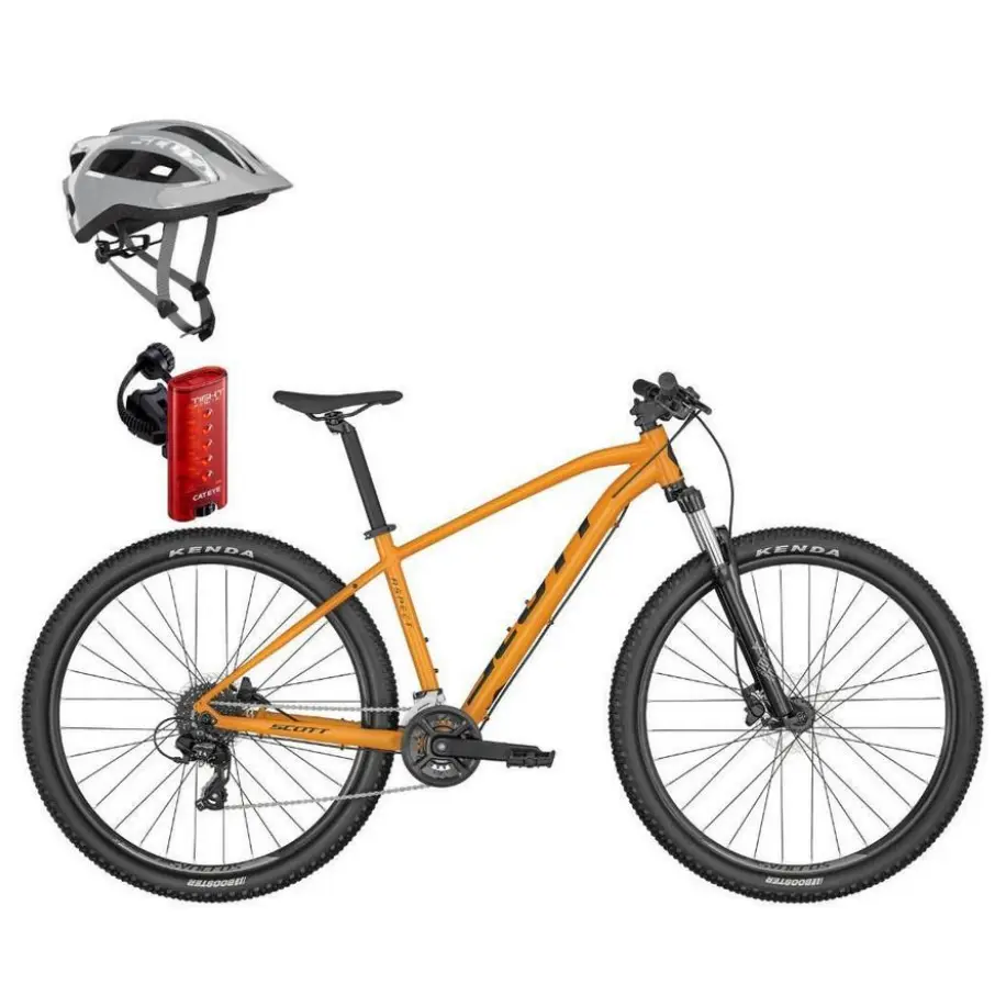 Bicicleta de Montanha Scott Aspect 960 Orange com Capacete Supra e Lanterna Cataeye Tight Kinetic