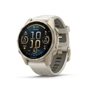 Fēnix® 8 – 43 mm, AMOLED - Sapphire, Dourado macio com bracelete cinzento nevoeiro/castanho escuro em silicone