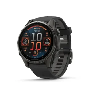 Fēnix® 8 – 43 mm, AMOLED - Sapphire, Titânio revestido a DLC, cinzento carbono com bracelete preta/cinzento pedra em silicone