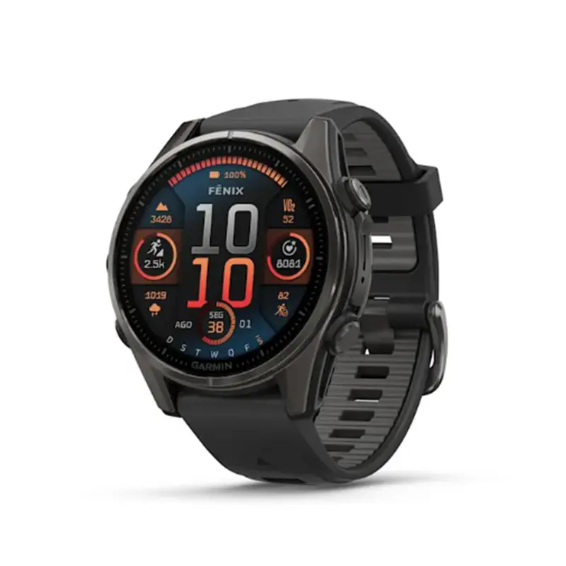 Fēnix® 8 – 43 mm, AMOLED - Sapphire, Titânio revestido a DLC, cinzento carbono com bracelete preta/cinzento pedra em silicone