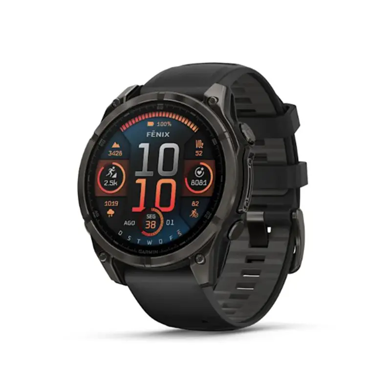 Fēnix® 8 – 47 mm, AMOLED - Sapphire, Titânio revestido a DLC, cinzento carbono com bracelete preta/cinzento pedra em silicone